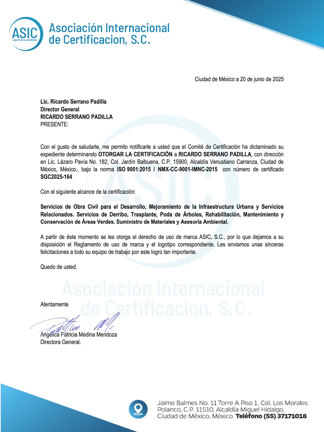 Certificación ISO 9001:2015 Carta